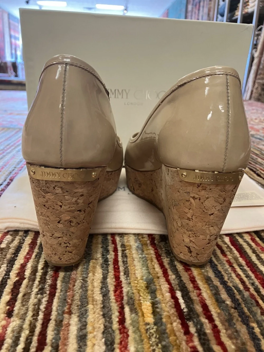 NEW Jimmy Choo USA 7 - Open Toe, Nude (Tan, Beige), Patent Leather, Cork Wedges